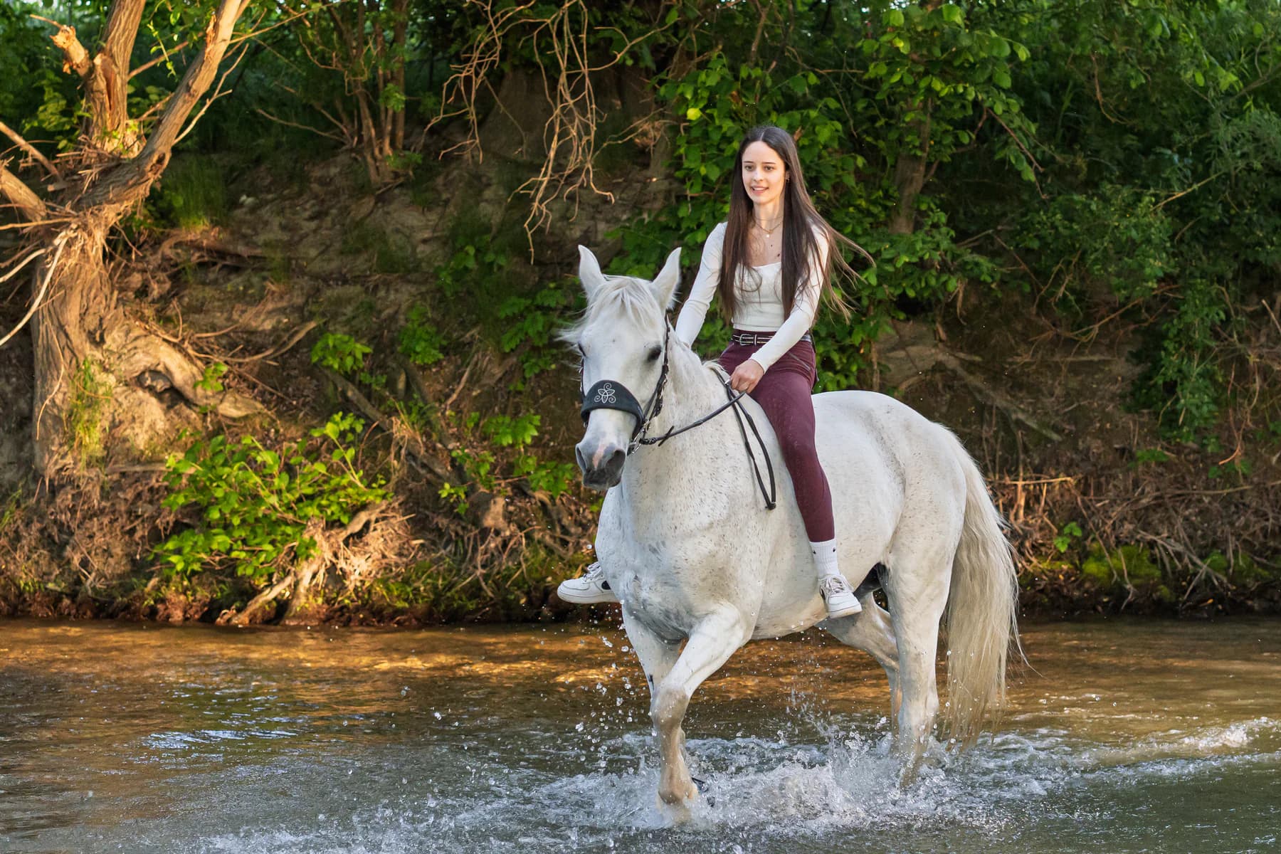 Sophie reitet mit einem weißen Pferd durch das Wasser